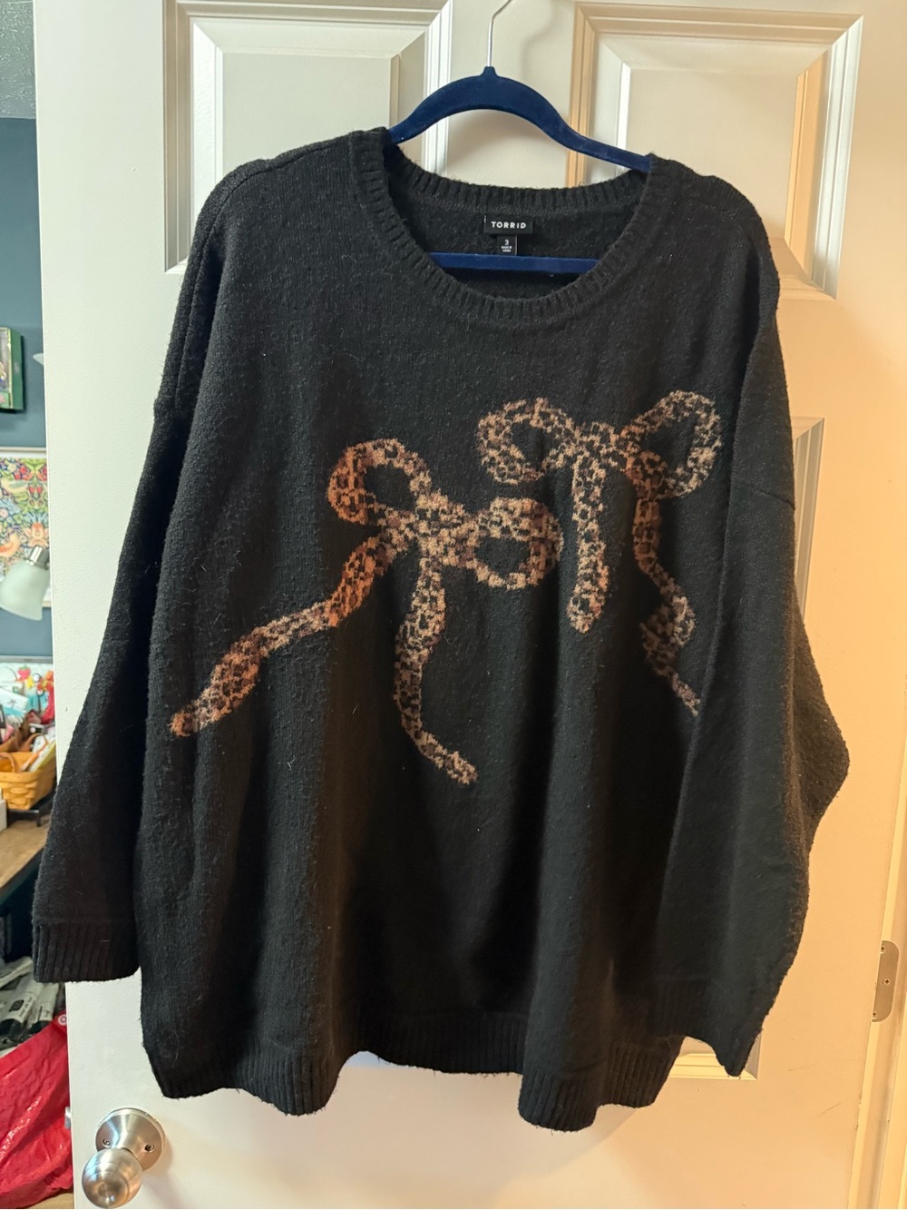 torrid Black Crewneck Sweater with Leopard-Print Bow Motif